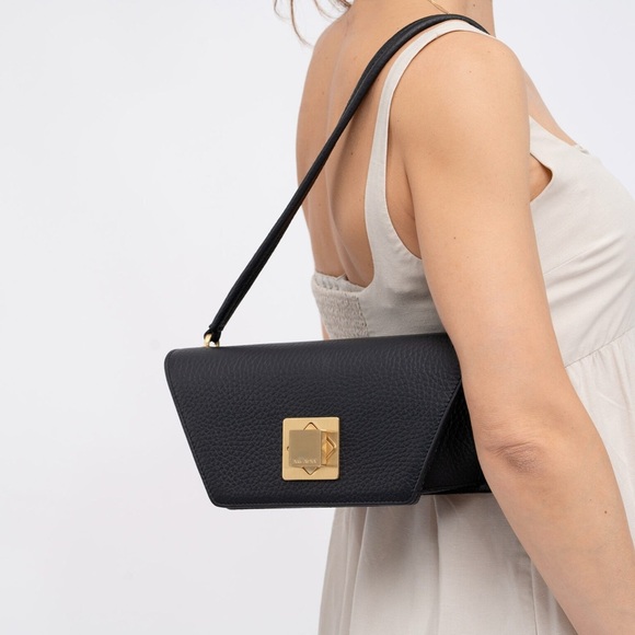 Arcadia Handbags - Arcadia Trapeze Pebble Leather Compact Grab Handbag Black NWT